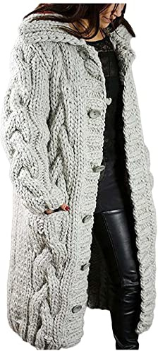 Chunky Cardigans for Women UK Open Front Cable Knit Sweaters Jumpers Knee Length Solid Color Ladies Autumn Winter Loungewear Jacket with Pockets Women's Fashion Grey