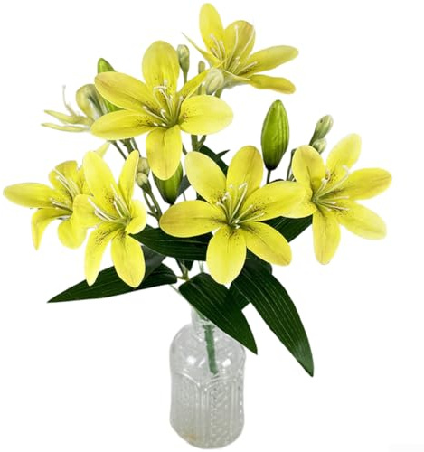 Floweringbeter Bouquet di giglio artificiale con composizione dall'aspetto naturale per torta nuziale, decorazione da tavolo, casa, corridoio e atrio (giallo)
