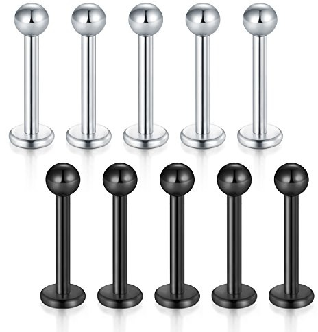 Briana Williams 10pcs Stainless Steel Lip Labret Stud Tragus Helix Cartilage Stud Bar Piercing Jewelry Silver and Black