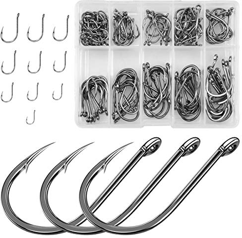 Jinlaili Angelhaken, 100 STK Kohlenstoffstahl Angelhaken in 10 Größen, Angelhaken mit Widerhaken, Angelhaken mit Öse, Angelzubehör mit Kunststoffbox, 3# - 12#