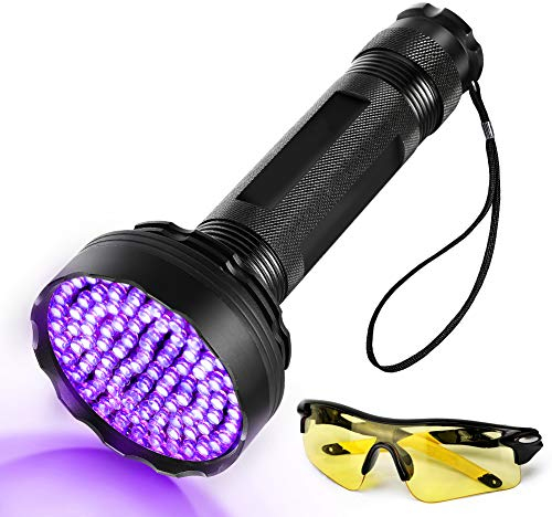 UV Taschenlampe 100 LEDs UV Schwarzlicht Taschenlampe mit UV-Schutzbrille,395nm UV Licht Scorpion Light Torch Lampe für unechte Banknoten, Urin von Hunde,Teppich,Nagetiere