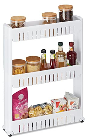 Relaxdays Mobile Salvaspazio, 3 Ripiani, Scaffale Stretto per Bagno & Cucina, Carrello Portaoggetti in Plastica, Bianco