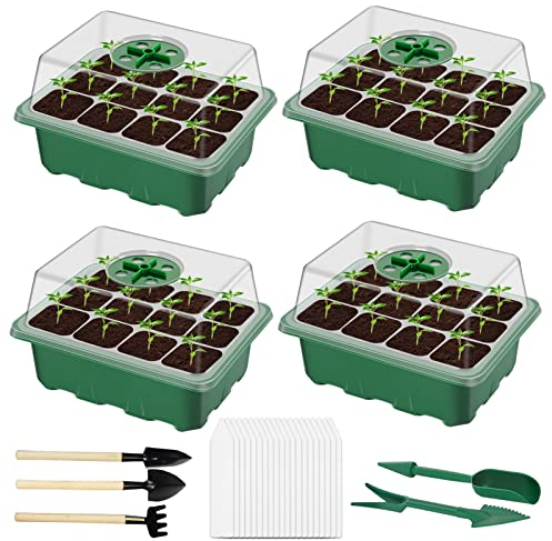 TaimeiMao 4 Pezzi Vassoi per Piantine,Semenzaio Germinazione,Mini Serra per Piantine con Cupole Ventilate,Scatola di Germinazione,40 Pezzi Etichette per Piante + 5 Pezzi attrezzi da giardino
