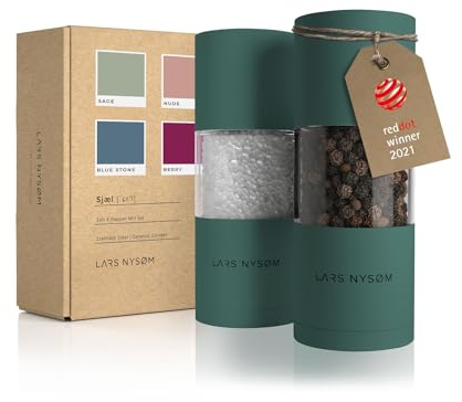 LARS NYSØM Salz und Pfeffermühle Set aus Edelstahl mit einstellbarem Keramikmahlwerk I Pfeffermühle und Salzmühle I Manuelle Gewürzmühlen (2 Stück) (Pine Green)