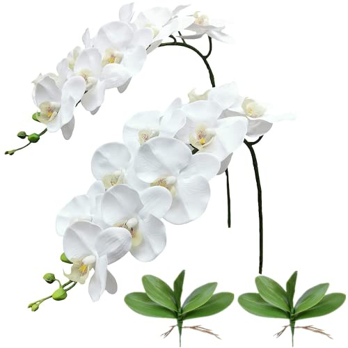 NatureMan 2 tallos de orquídeas artificiales de tacto real, ramas de Phalaenopsis, 9 flores grandes de 38 pulgadas de alto para decoración del hogar, boda, fiesta (blanco)