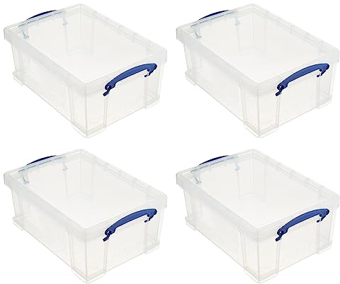 Really Useful Box Stackable 9 Liter Plastic Storage Container Bin with Snap Lid and Built-In Clip Lock Handles for Home & Office Organization (4 Pack)