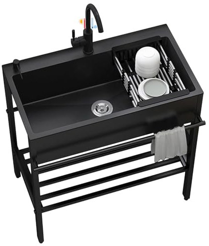 Commercial Black Stainless Steel Outdoor Single Bowl Station Utility Sink With Drainer Unit and Tap for Bar Kitchen Hotel 68cmx45cmx85cm