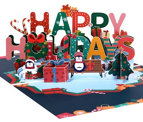 Magic Ants Happy Holidays popup-kort – 3D-julkort med festlig pingvin, jultomtestrumpa och klocka