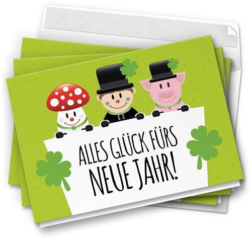 10 Neujahrskarten Grußkarten 2025 Neujahr Silvester - Klappkarten mit Umschlägen - Neujahrsgrüße Alles Glück Schornsteinfeger Pilz Schwein