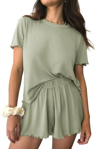 Ekouaer Womens Pajamas 2 Piece Ribbed Knit Pjs Short Sleeve Sleepwear Set Summer Soft Pajamas Set Casual Lounge Sets Light Green M