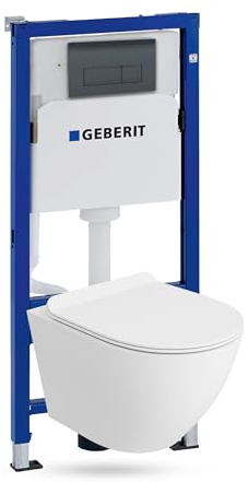 Geberit Duofix Basic Vorwandelement + Wand Tiefspül WC Sofi Slim Weiß Matt Spülrandlos + WC Sitz + Bedienplatte Delta 25 Schwarzer Knopf Komplettset Unterputz Spülkasten Toilette Komplett Sett WC
