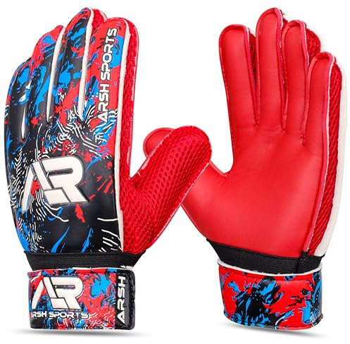 Arsh Sports Soccer Goalie Gloves, Football Goalkeeper Gloves for Kids Youth & Adult Strong Grip Finger Save 4mm Latex Finger Spine Protection (Red, Size 5 Suitable for 9-12 Years)