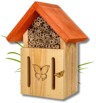 MADERY Schmetterlingshaus aus wetterfestem Naturholz - Schmetterlingshotel zum Züchten und Aufhängen für Garten, Balkon und Terrasse – Natürlicher Unterschlupf