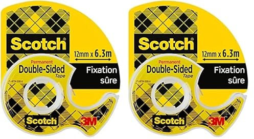 Scotch Le ruban Scotchdouble face-1 Rouleau 12,7mm x 6,3m sur dévidoir manuel-Ruban double face transparent, pour l'emballage des cadeaux de Noël et des fournitures de vacances, application sans tache