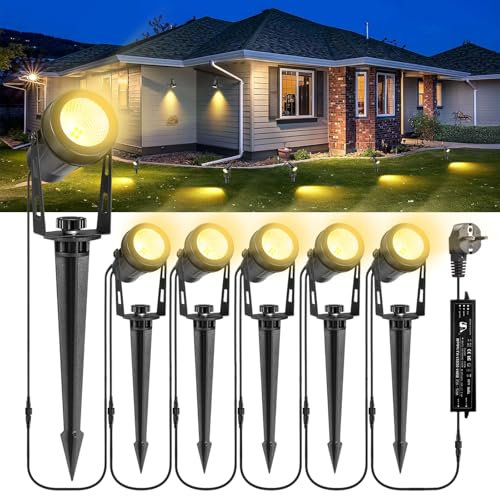 B-right Gartenbeleuchtung led außen, 6 Set Gartenbeleuchtung mit strom, IP65 wasserdicht Gartenstrahler mit erdspieß, Gartenleuchte mit stecker, Warmweiß,Wegbeleuchtung Gartenlampe für Rasen Teich Weg
