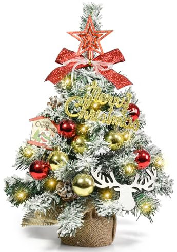 Weihnachtsbaum Künstlich Klein 45 cm, Mini Christbaum mit 30 warmweißen LEDs, Weihnachtskugeln Sternbaumspitze Weihnachtsdeko, Tannenbaum für Weihnachtsdeko Innen Büro Weihnachten Advent, Rot Gelb