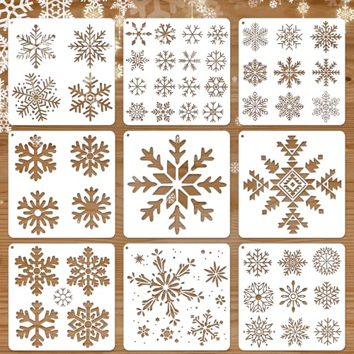 JSRQT 9 Pezzi Stencil Fiocco di Neve, Modello Riutilizzabile in Plastica, Fiocco di Neve Natale di Dimensioni Miste, Set Stencil per Finestra e Parete DIY