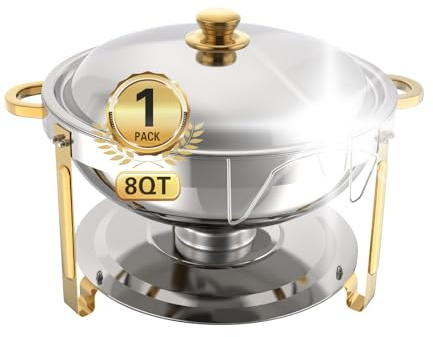Beviliu 9 Litre Chafing Dish Buffet, 1 Pack 8QT Round Chafing Dishes & Food Warmers, Gold Chafing Dishe for Buffet, Stainless Steel Chafer for Catering Lid & Lid Holder, Food Warmers for Party