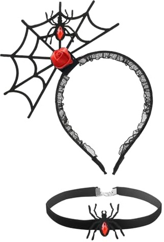 LEEWYOU Bandeau d'Halloween,Serre-têtes d'Halloween Accessoire de cheveux en dentelle araignée pour femme Costume collier, cosplay, bal masqué, fête-Décoration Rouge