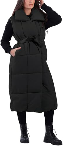 Yidarer Women's Long Puffer Vest Wide Lapel Waist Tie Belt Button Down Quilted Sleeveless Winter Warm Outerwear(Black-M)