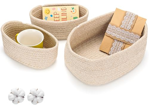 AiQInu 3 Pièces Panier Rangement, Panier Rangement Salle de Bain en Coton Tressé, Chambre, Organisateur de Salle de Bain, Organisateur able a Langer Bebe, 2 Tailles