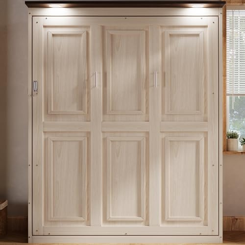 MERITLINE Queen Farmhouse Murphy Bed with LED, Solid Wood Vertical Murphy Wall Bed Cabinet for Adults (Natural Wood)