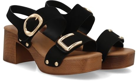 shoes&blues.es Sandalia de Mujer con Tacon Ancho y Plataforma Estilo Madera. Diseno con Tiras Anchas, Adornos metalicos y Tachuelas. Calzado Comodo y Ligero. Ideal para Primavera Verano.