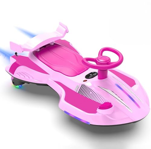 Auto Elettrica Bambini 12V Macchina Vorticar Piroettante 2 in 1 con Sterzo 360° Effetto Fumo Musica Luci LED Pedale Cavalcabile Antiribaltamento con 2 Velocità per Bambini 3-8 Anni Rosa