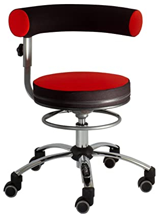 Sanus®-Gesundheitsstuhl | Rollhocker mit 360° Lehne, höhenverstellbarer Lehne, Sitzhöhe niedrig (36-43 cm), Stoffbezug rot/schwarz, Rollstopp-Rollen. Ergonomischer Bürostuhl, Erzieherstuhl