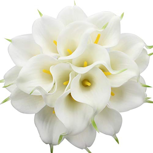 Veryhome 20 Pcs Lys Calla De Mariée Bouquet De Fleurs Artificielle Tête De Fleur en Latex Real Touch Home Party De Mariage Décoration (Blanc-Jaune)
