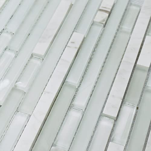 Genoa Bianco Stripes Glass and Stone Mosaic Tiles Sheet for Walls Floors Bathroom Kitchen (1 Sheet 30cm x 30cm)