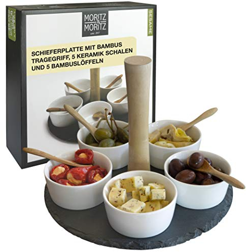 Moritz & Moritz 5x Weiße Dipschalen Set mit Schieferplatte - Dip Schälchen für Snacks - Snack Schalen Set Keramik - Dip Schalen Set - Kleine Schüsseln als Saucenschälchen, Snackschalen, Dessertschalen