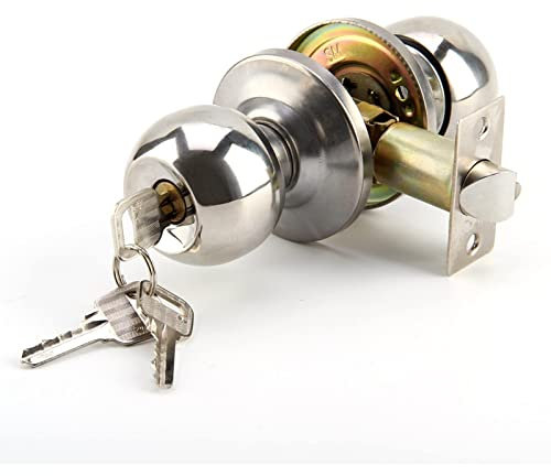Shoze Entry Door Knob Doorknobs Entrance Door Knob Kit Room Door Lock Brushed Stainless Steel Lock Set Round Brushed Handles Privacy Passage for Bedroom Bathroom Home Office or Workplace (Three Keys)