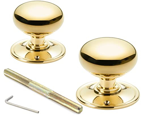 A.B Hardware 65mm Solid Polished Brass Cottage Mushroom Style Rim Mortice Door Knobs Pair