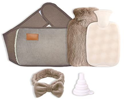 Anlising 3 in 1 Borsa Dell'acqua Calda, 1L Borsa Dell'acqua Calda in Gomma, con Cintura in Peluche+Morbida Copertura in Peluche+Fascia Capelli+Imbuto, per Alleviare il Dolore Addominale (Marrone)