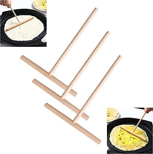 Crepe Bois, Bâton de Crêpe,Épandeur de Crêpes,3PCS Ustensiles à Pâtisserie Ustensiles en Bois Rateau Crepe Spatule Crepe Étale la Pâte à Crêpe Étaleur Crepe Repartiteur Crepe
