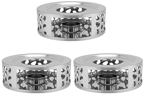 KEILEOHO 3 PCS Teapot Warmer, Stainless Steel Teapot Warmer, Metal Teapot Heater with Tealight Candle Holder, Brushed Coffee Tea Warmer Base for Glass or Ceramic Teapot, Silver