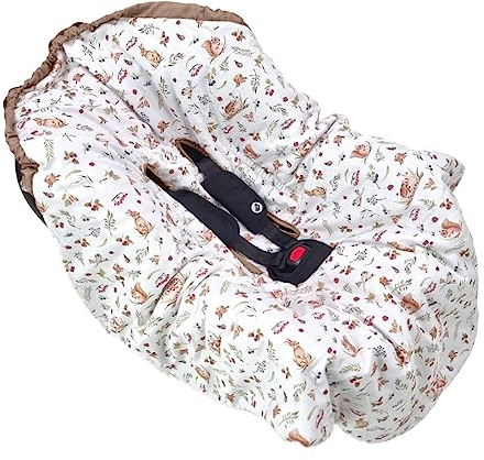 Alberomio Babyschale Bezug | Größenverstellbar | 110x105 (+/-2) cm | 100% Baumwolle | Gurtschlaufen | Atmungsaktives Material | Pflegeleicht | Waldfreunde