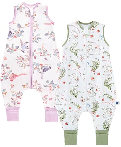 Chilsuessy Baby Schlafsack mit Füßen 2er Pack 1.5 Tog Kinder Ganzjahres Schlafsack 100% Baumwolle Baby Schlafsack mit Beinen, Erdbeer Kaninchen + Frühlingsmagpie, 100cm/Baby Höhe 105-120cm