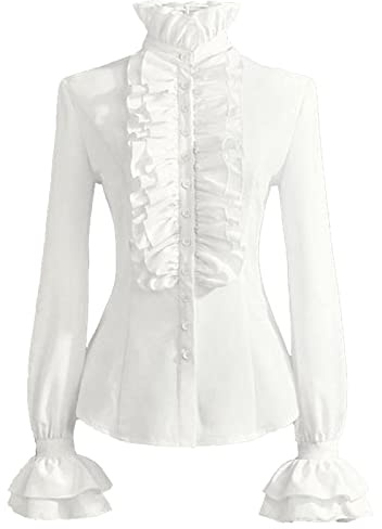 Gothic Clothes Women Vintage Victorian Button Down Shirts Stand Collar Frilly Ruffle Gothic Blouses Retro Flared Sleeve Tops White