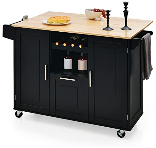 KOMFOTTEU Isola centrale mobile con piano di lavoro in legno di albero della gomma, carrello da cucina con cassetto, porta bottiglia e 2 armadio con porta, carrello su ruote, 130 x 45 x 90 cm (nero)