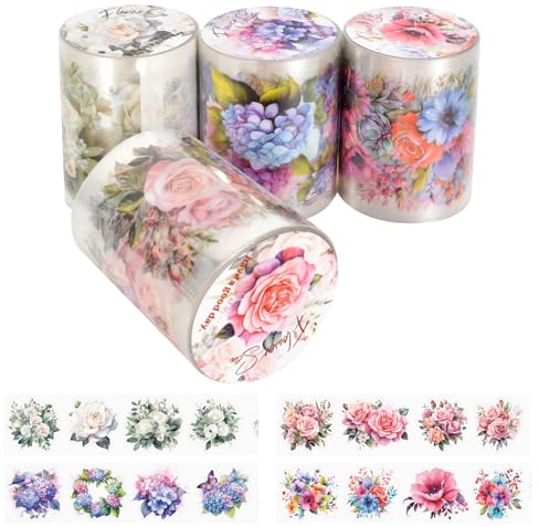 Washi Tape Set 4 Rolls Blumen PET Wide Washi Tapes Retro Pflanzen Washi Klebeband Transparent Sticker Floral Washi Tape Sticker für Bullet Journal Scrapbook Zubehör