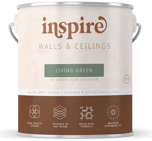 Inspire Wall Paint, Ultra Flat Matt Premium Emulsion Paint for Walls & Ceilings | Suitable for Kitchens & Bathrooms | High Opacity Colour | Low VOC | Modern Home Collection (Living Green, 2.5 Liters)
