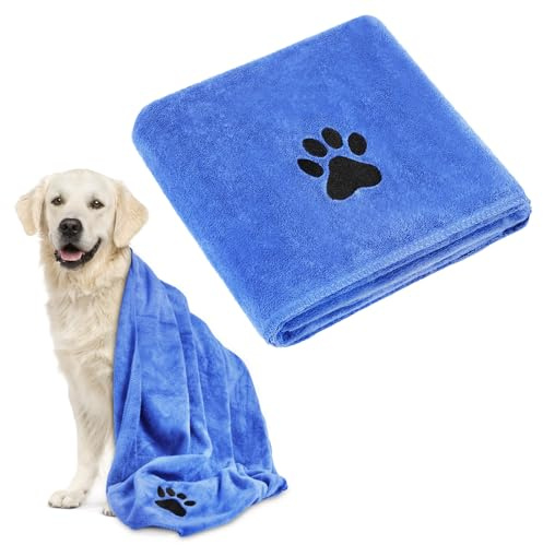Adiwo Serviette pour Chien Extra Absorbante, 140x70cm Grande Serviette de Bain pour Chien, Serviettes pour Chiens Microfibre Serviettes Chiens Douce pour Bain, Baignade et Jours de Pluie, Bleu Royal