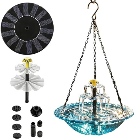 Bebedero solar colgante para pájaros – Bebedero solar para pájaros en cascada | Baños de pájaros zumbados para exteriores, jardín, patio, terraza, camino, alimentación de animales salvajes, pinzón de