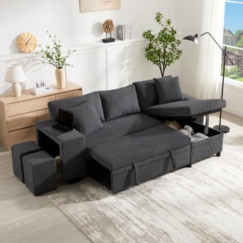 Bladez Divano angolare a forma di L, 2 in 1, con funzione letto e vano portaoggetti, divano letto estraibile con USB/Tipo C, divano a 3 posti in tessuto a coste con ripiano e libreria, ideale per il