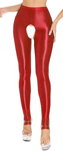 Generiska leggings för kvinnor, hög midja – tajta öppna steg leggings med fotslinga, stretchiga glänsande yogabyxor för fest, fitness och rollspel, röd, L