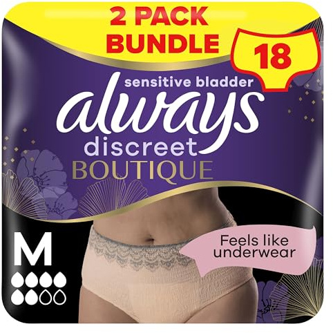 Always Discreet Boutique Incontinence Pants Women, Medium, Plus, 18 High Absorbency Pants (9 x 2 Packs), Odour Neutraliser, Softness and Protection, for Sensitive Bladder