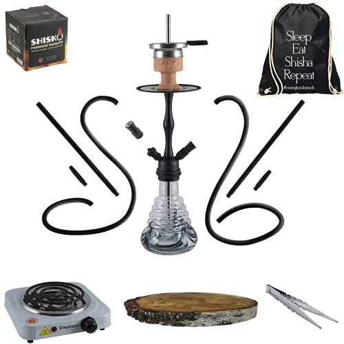 Amy Deluxe Shisha Set komplett 2 anslutningar 2 slangar stillhet klick II (svart/svart pulver) 50 cm koltändare naturlig träkol öppen spis tobakshuvud ångstenar