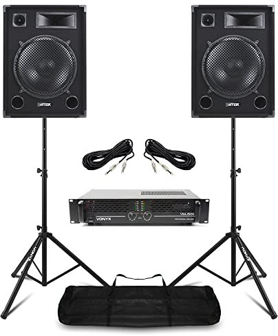 Max SP15 Passive DJ Speaker Set with Vonyx VXA-1500 Amplifier, Stands & Cables - Complete 2000W 15 PA System for DJ, Disco, Events & Parties